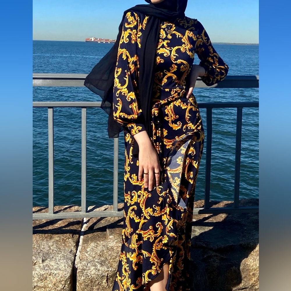 Black & Gold Baroque Print Long Sleeve Women’s Dress Versace-Inspired Pattern